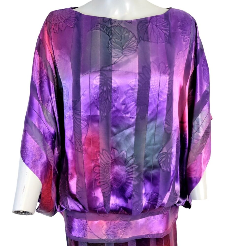 Vintage 80s Set Women 12 Colorful Floral Stripe Midi Skirt Blouse Top Shirt Pink - Picture 12 of 16